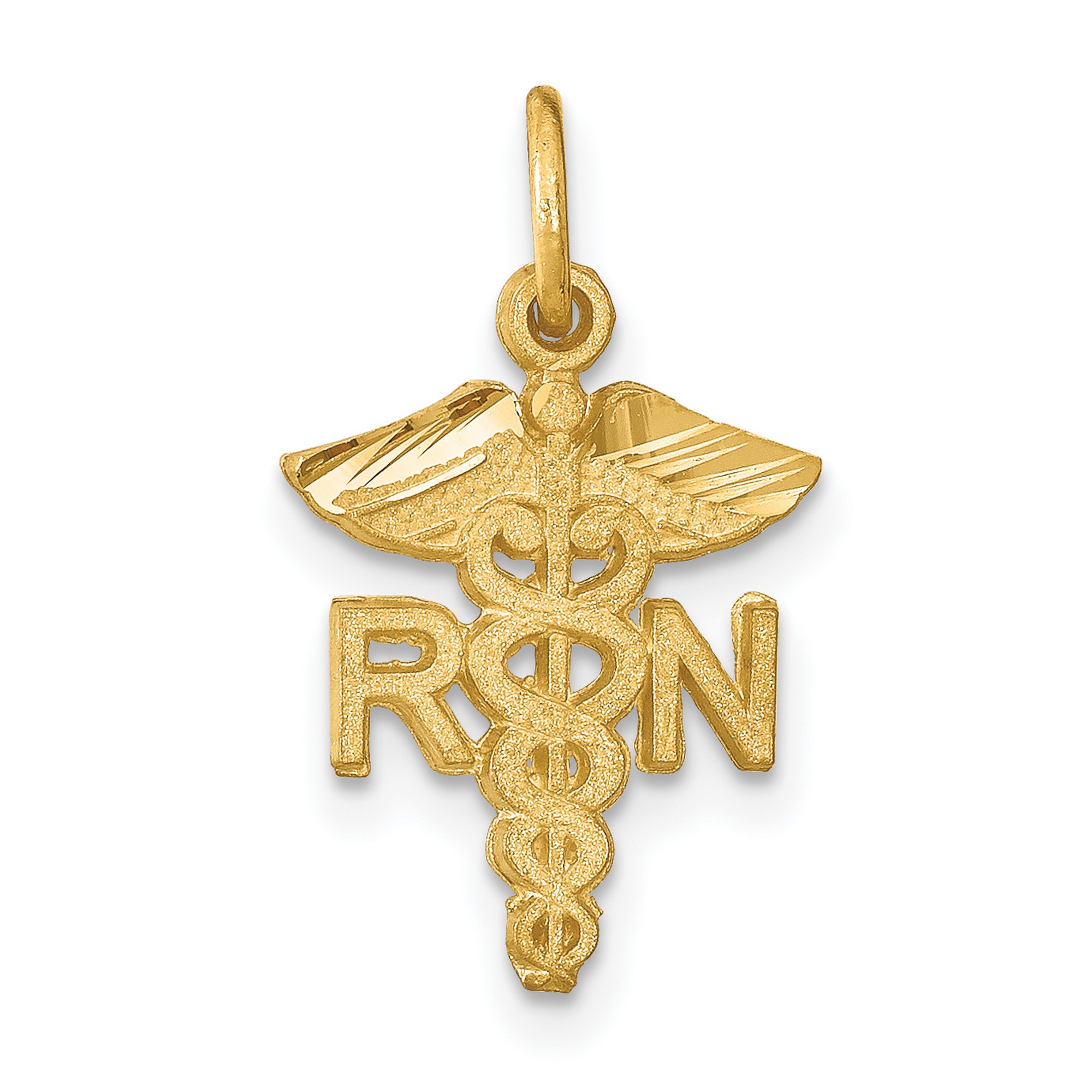 14k Yellow Gold Satin Registered Nurse RN Letters With Caduceus Medical Symbol Charm 20x12mm 