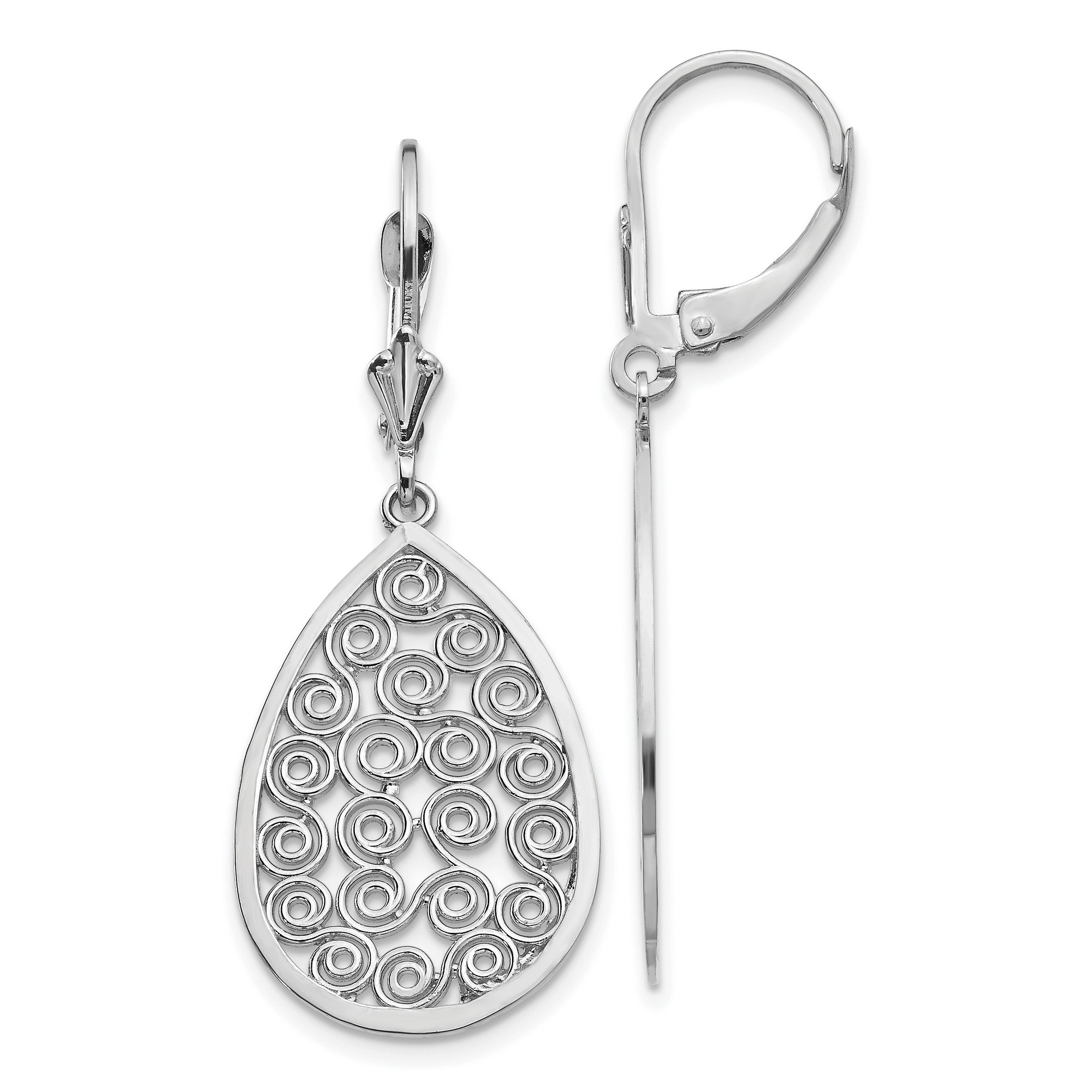 Pre-owned Jewelry Stores Network Polished Teardrop Filigree Dangle Leverback Earrings In Real 14k White Gold