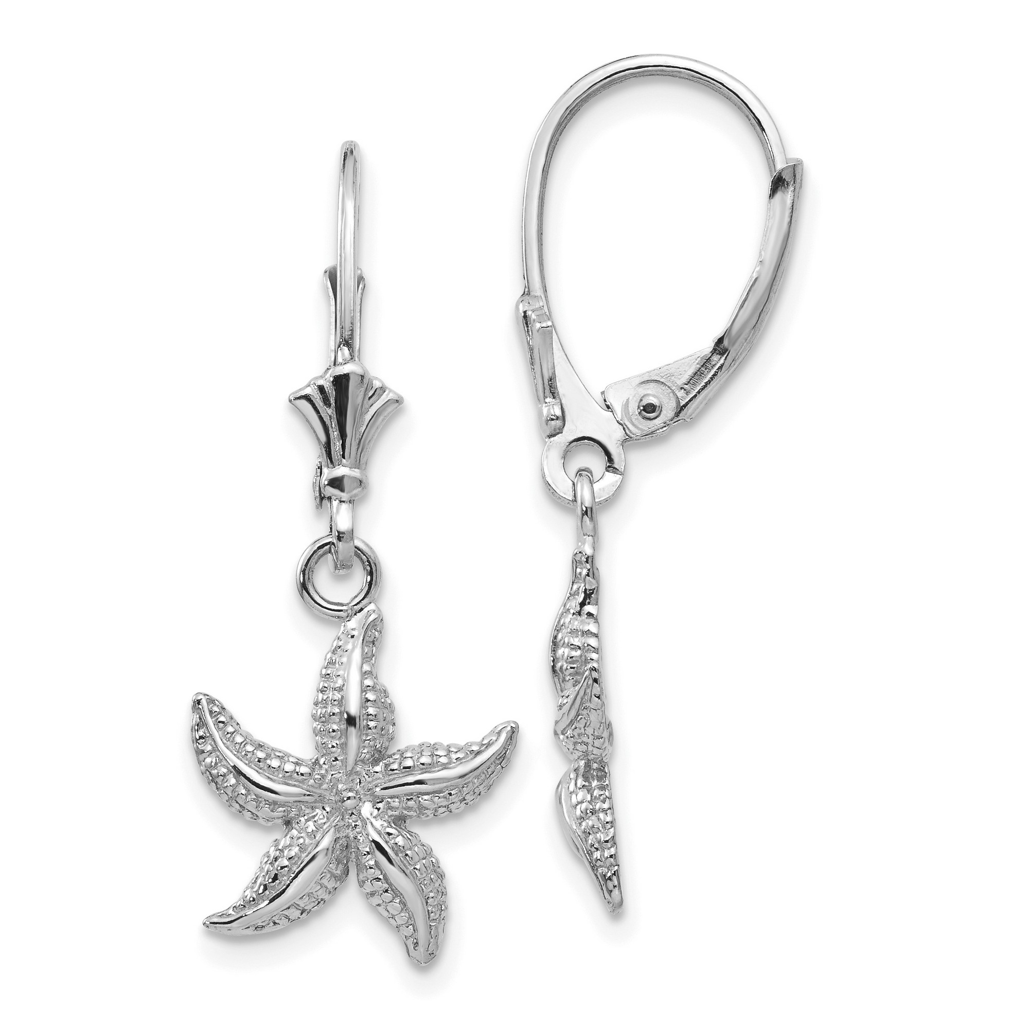 Pre-owned Jewelry Stores Network Polished And Textured Starfish Dangle Leverback Earrings In Real 14k White Gold