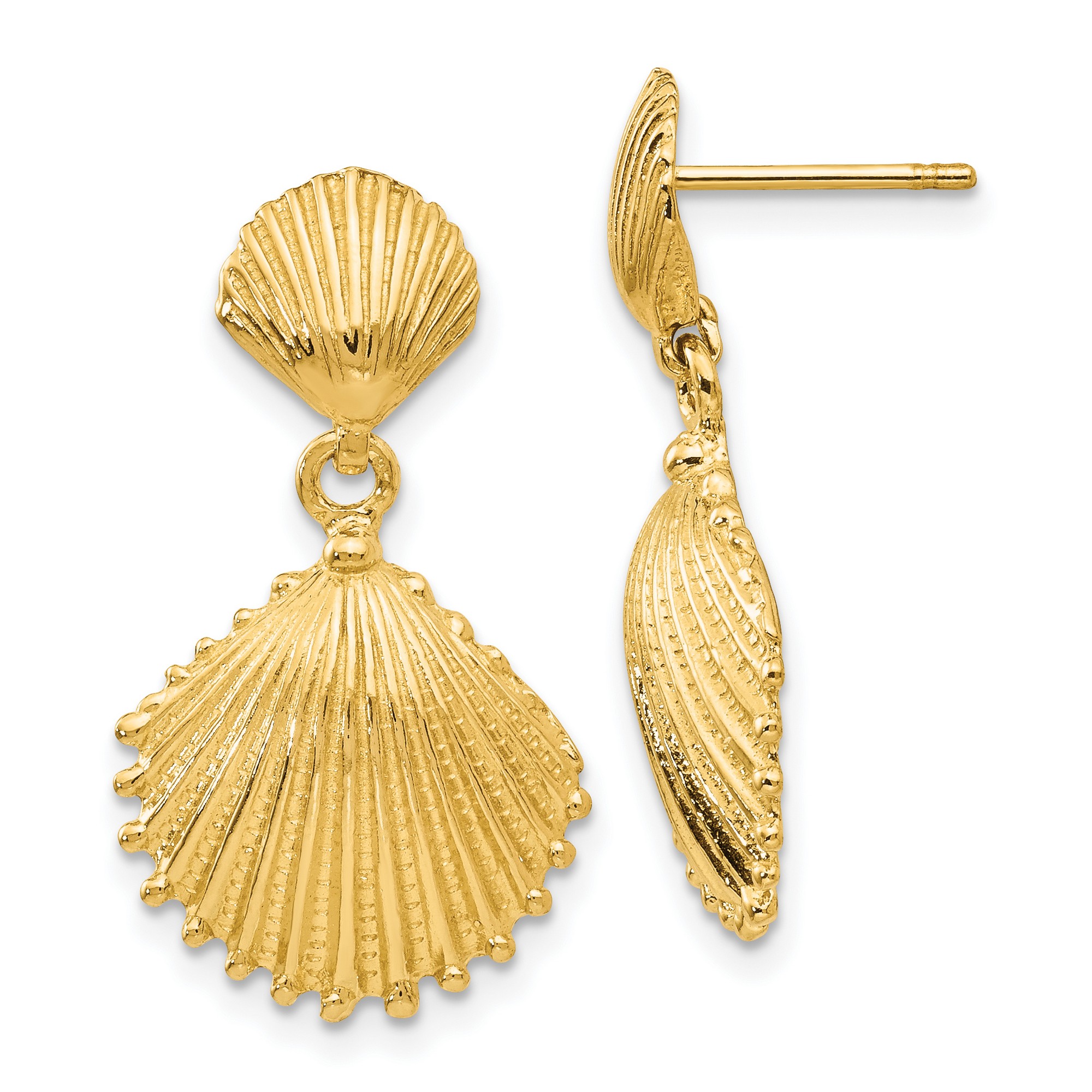 Pre-owned Jewelry Stores Network 14k Yellow Gold Scallop Shell Dangle Post Earrings 26x15 Mm