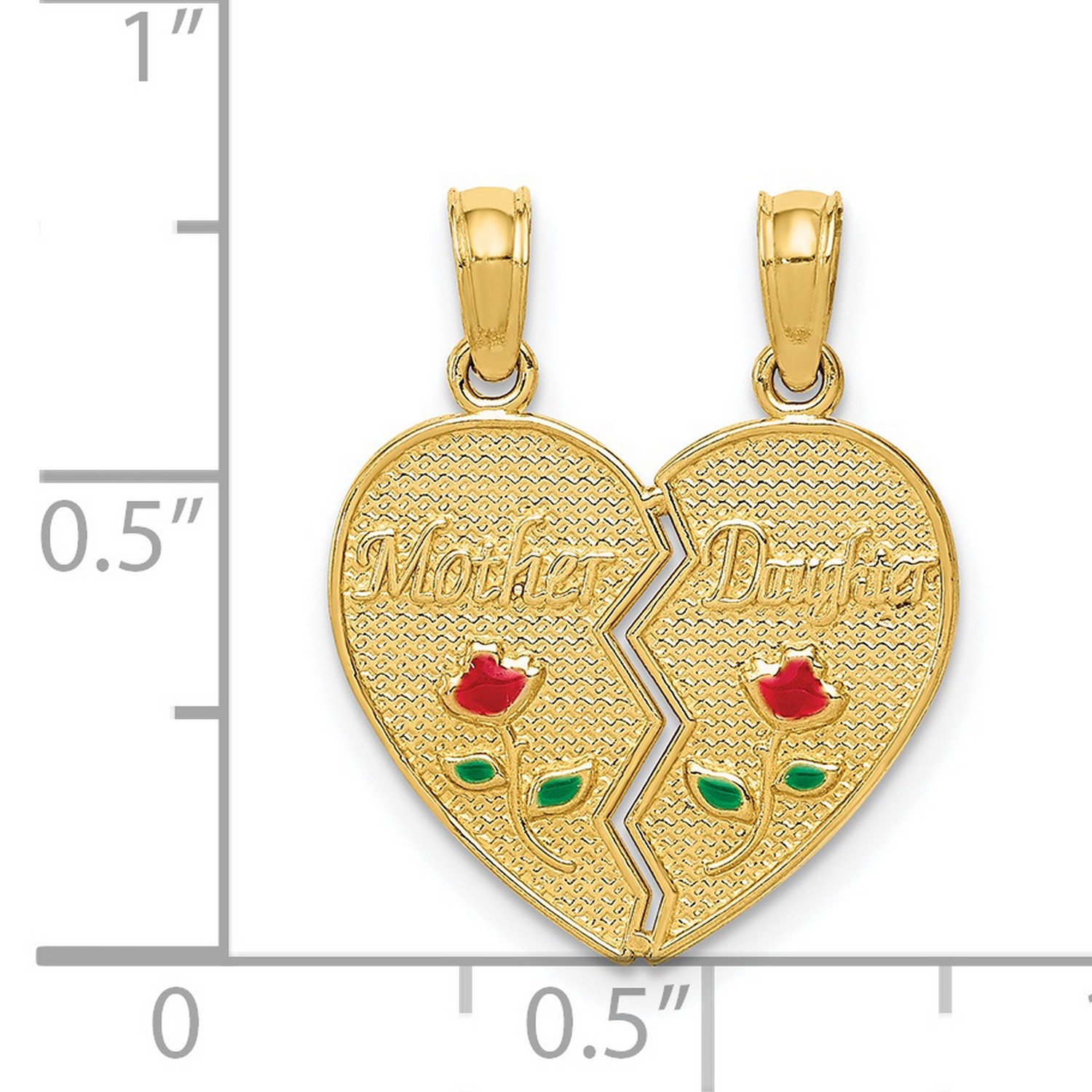 14K Yellow Gold" Mother and Daughter" Two Piece Break-Apart Heart Charm Pendant