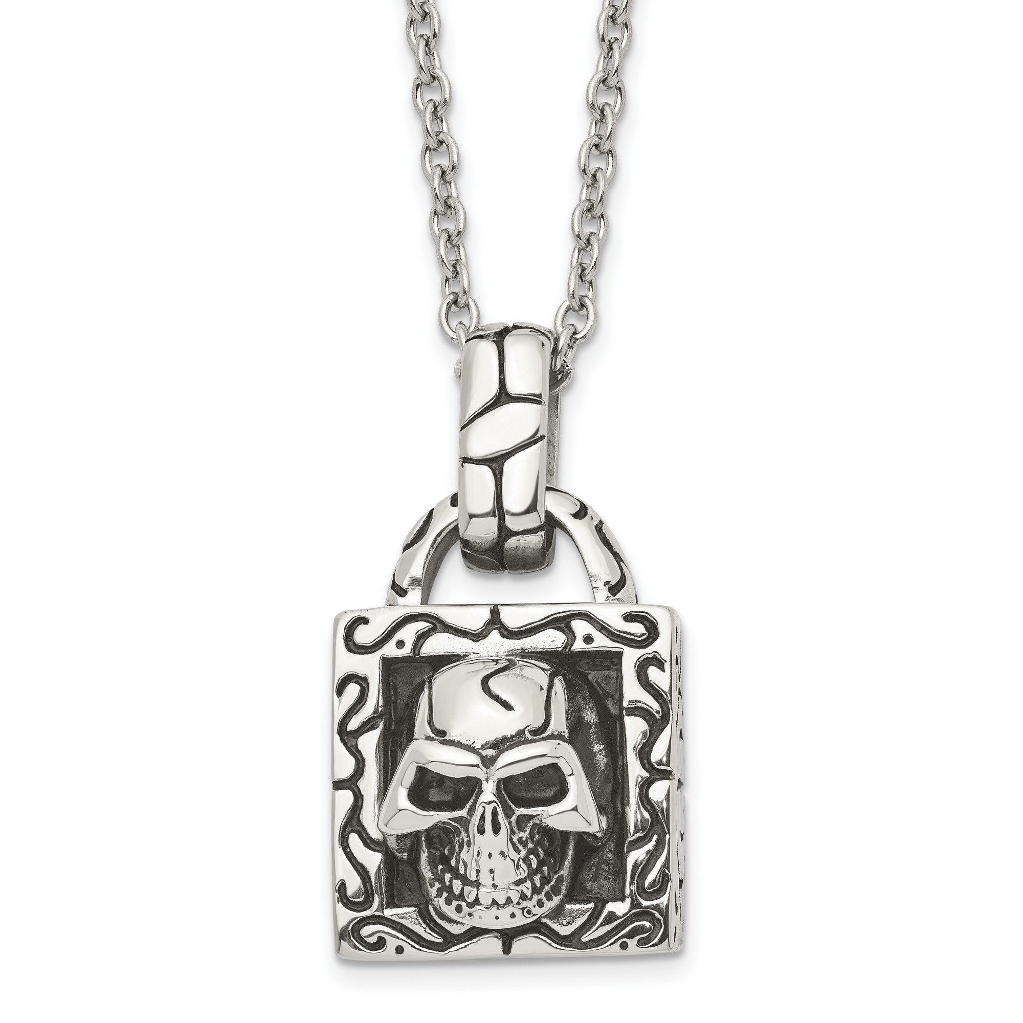 Shop4Silver Stainless Steel Polished And Antiqued Skull Necklace