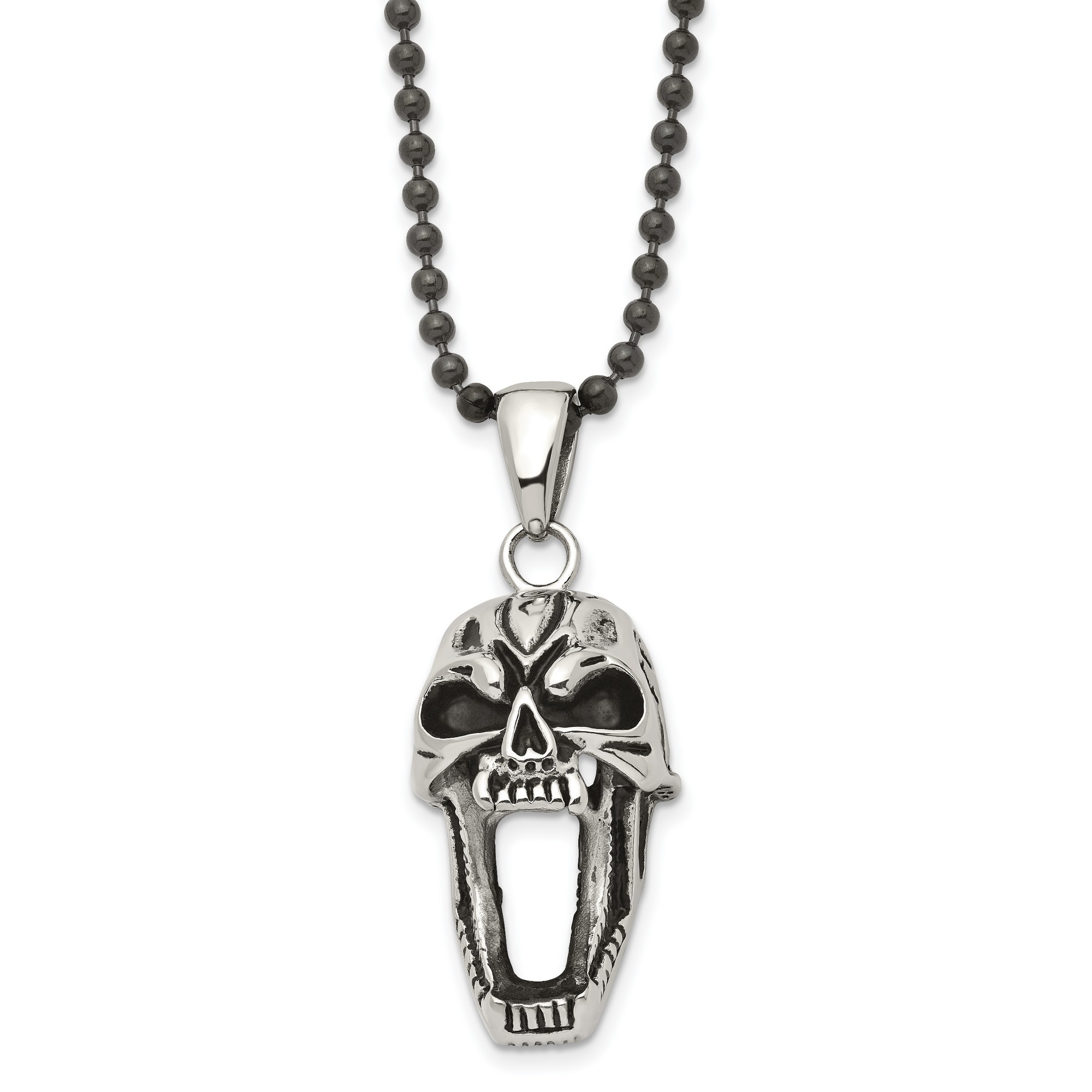 Stainless Steel Polished and Antiqued Skull Necklace