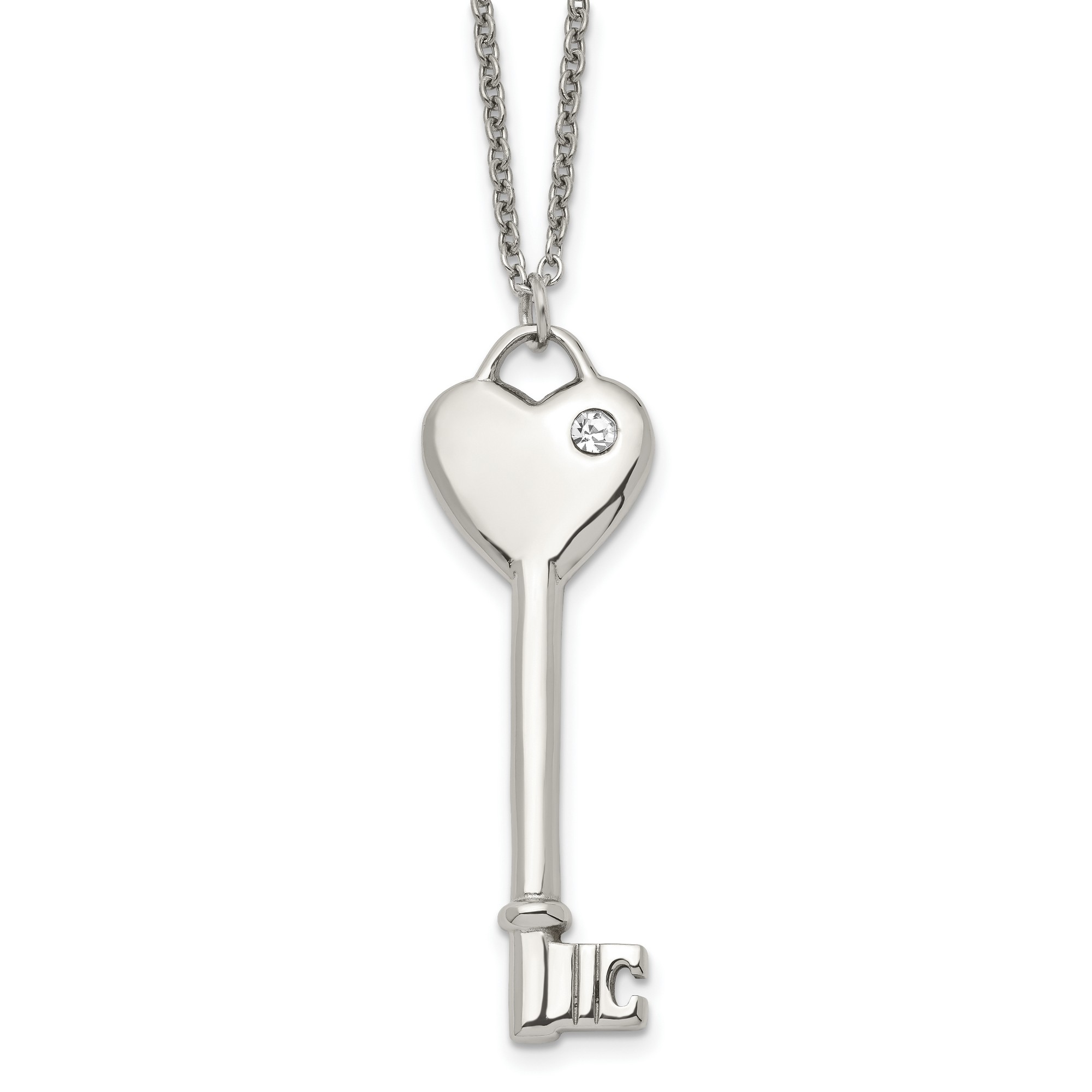 Stainless Steel CZ Heart Lock and Key Pendant Chain Necklace 