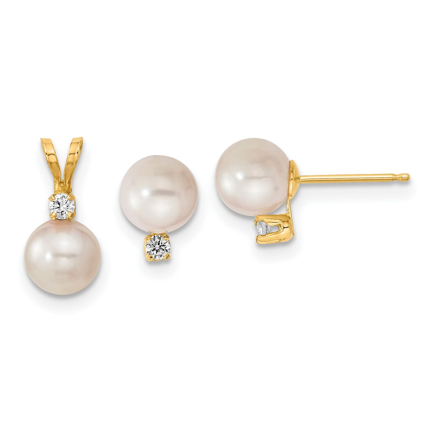 Pre-owned Jewelry Stores Network 14k Yellow Gold 6-7mm Akoya Cultured Pearl Diamond Earrings Pendant 6x6 Mm