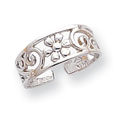 14k White Gold Daisy And Scroll Pattern Adjustable Toe Ring