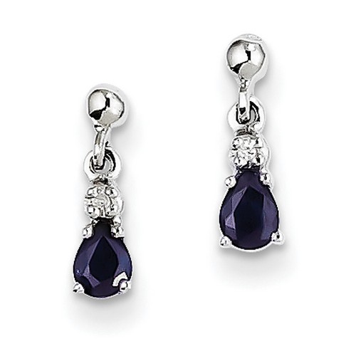 14k White Gold Blue Sapphire and Diamond Dangle Post Earrings 10x4 mm 1.06gr